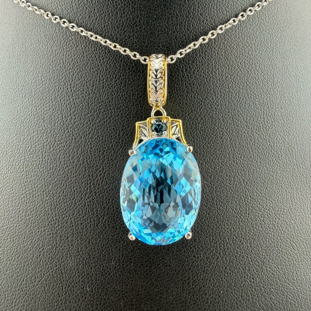 NH Michael Valitutti Blue Topaz Necklace 925 Sterling Silver Two Tone Pendant